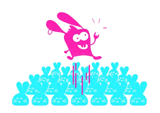 A funky pink rabbit leaping above a crowd of identical, blending-in bunnies